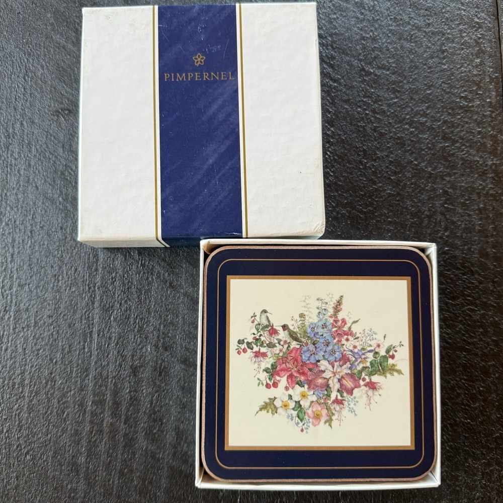 Vintage Pimpernel Coaster Set Floral Hummingbird Cottagecore Victorian Cork Back